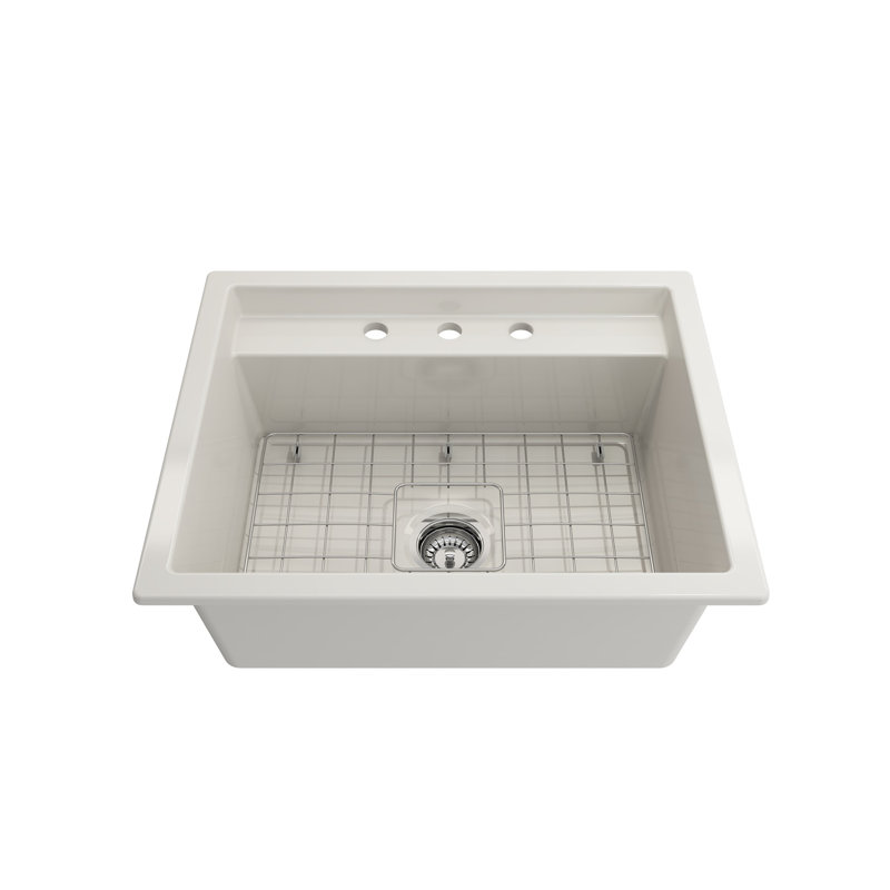 Support double en argile réfractaire 27 po Baveno Uno Évier de cuisine à simple cuve avec accessoires, Biscuit, 3 hole
