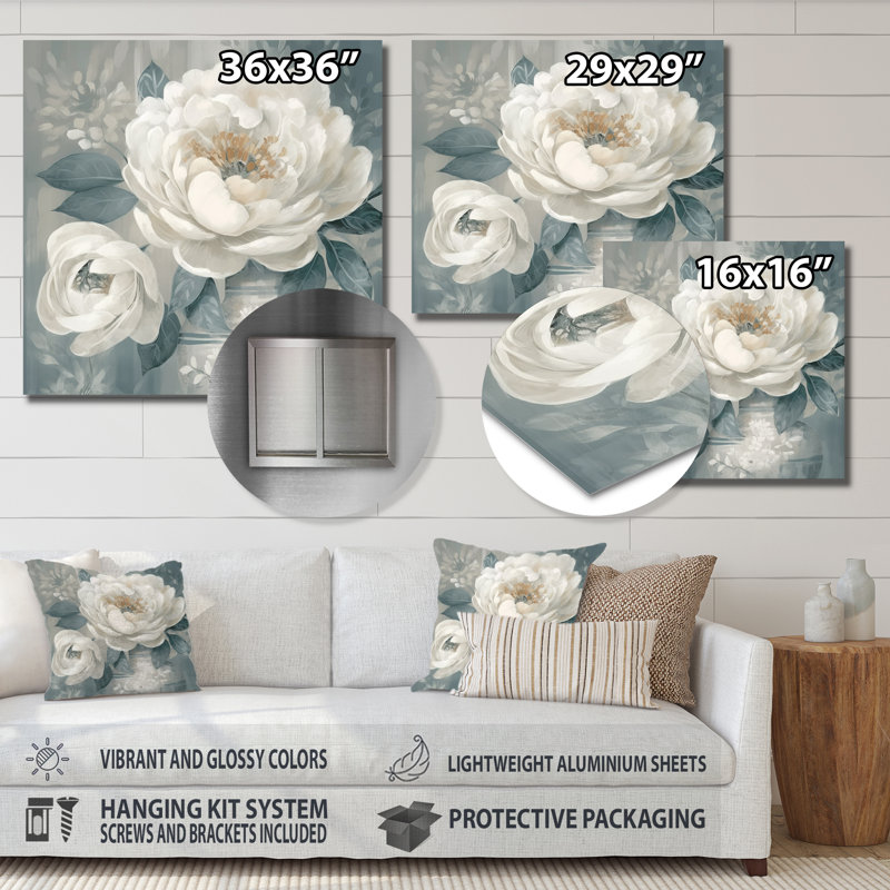 Émotion de pivoine blanche et bleue I, H 16 po x l 16 po x P 1 po