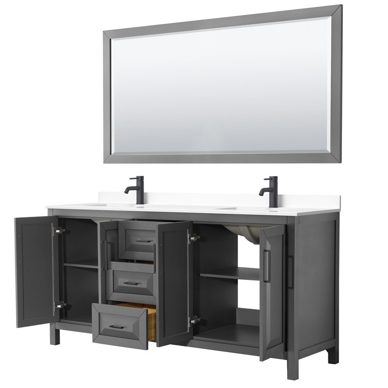 Daria 72'' W Double Vanity, Carrara Cultured Marble, Polished Chrome, Dark Gray