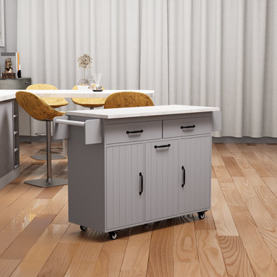 Gray Kitchen Island With Trash Can Storage, Kitchen Cart With Leaf Drop, Spice Rack, Towel Rack And Drawers, Rolling Kitchen Island With Adjustable Shelves