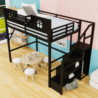 Metal Loft Bed with Stairs and Wardrobe