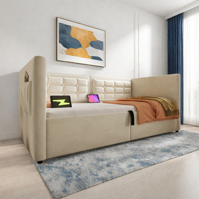 Upholstered Daybed With Hydraulic Storage And Usb & Type-c Charging, Beige