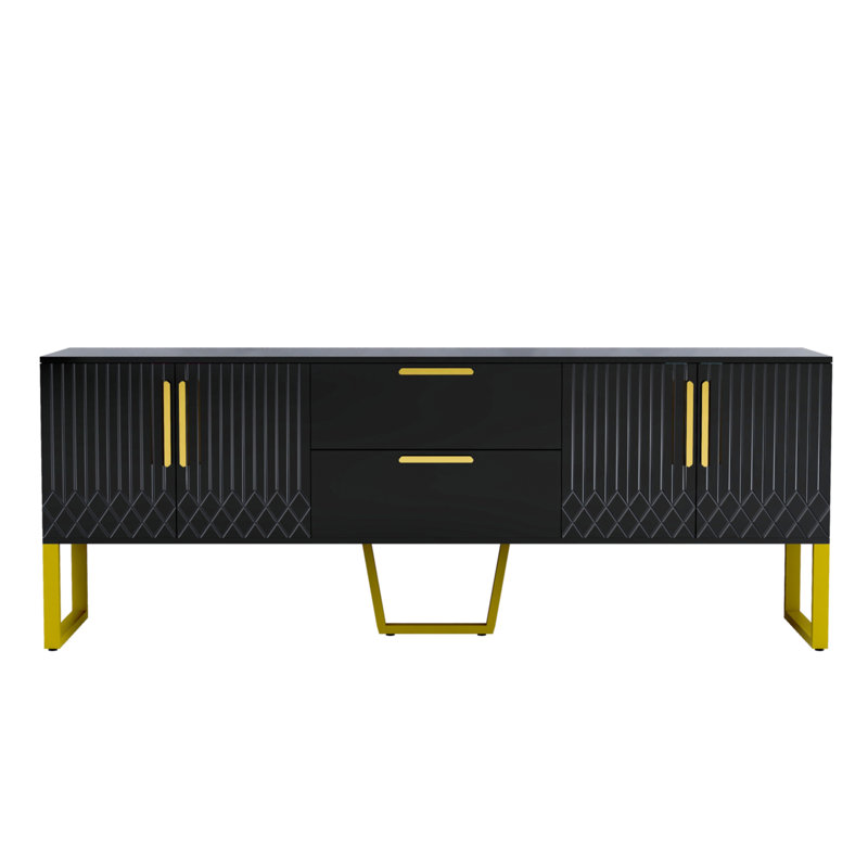 Console 66,9 po avec poignées et pieds en métal, meuble télé moderne, armoire de rangement à 2 portes avec tiroirs, Noir