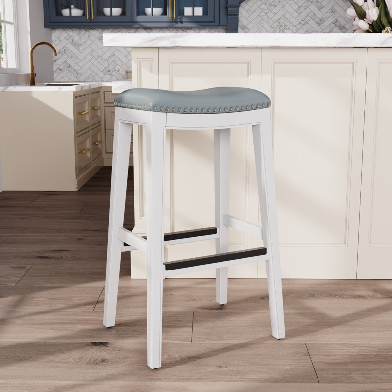Tabouret de selle, finition patinée, siège en cuir, Gray, White, Tabouret de bar (siège d'une hauteur de 32,01 po)