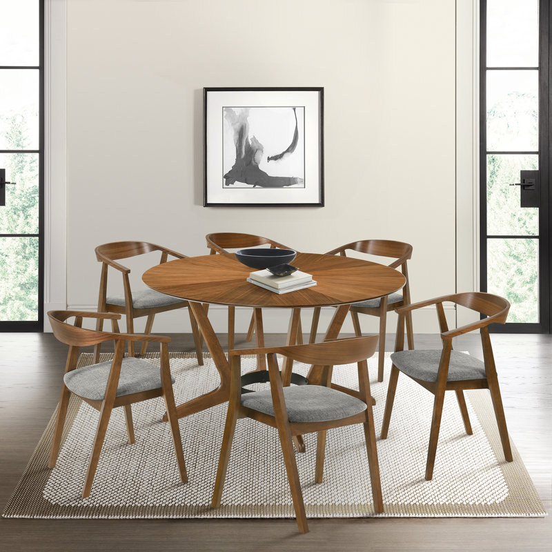 Jeyhan 7 Piece Round Dining Table Set in Rubberwood and Fabric, Walnut, Charcoal