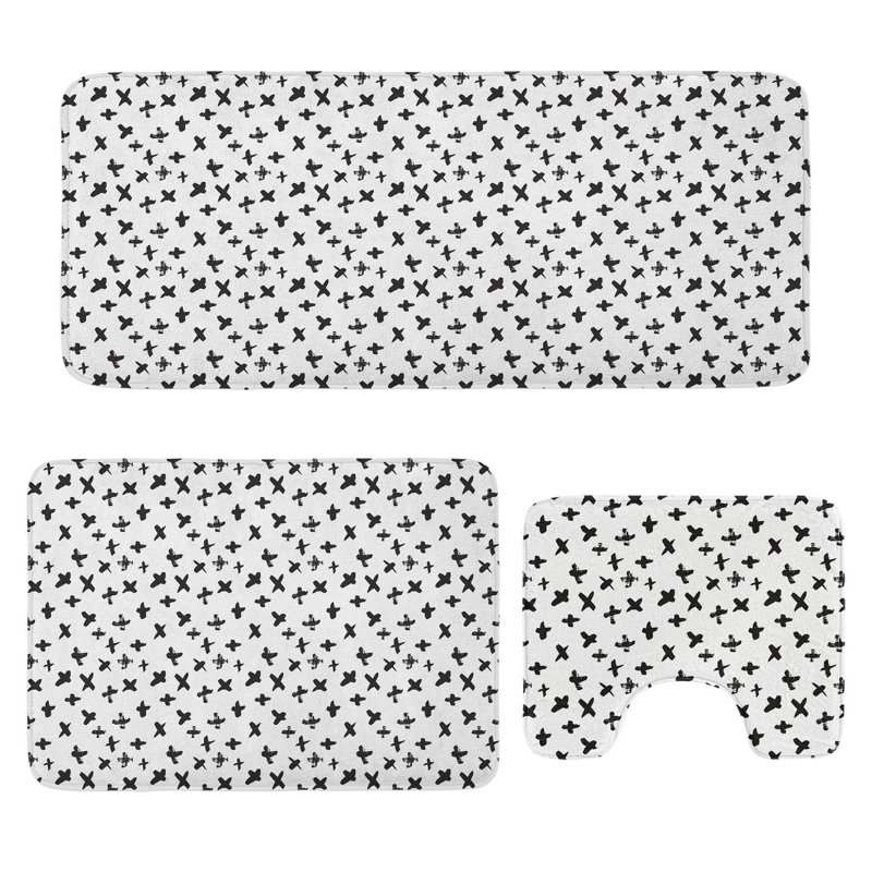 Black and White Bathroom Rug Set 3 Pieces U-Shape & Rectangle Mats Black White