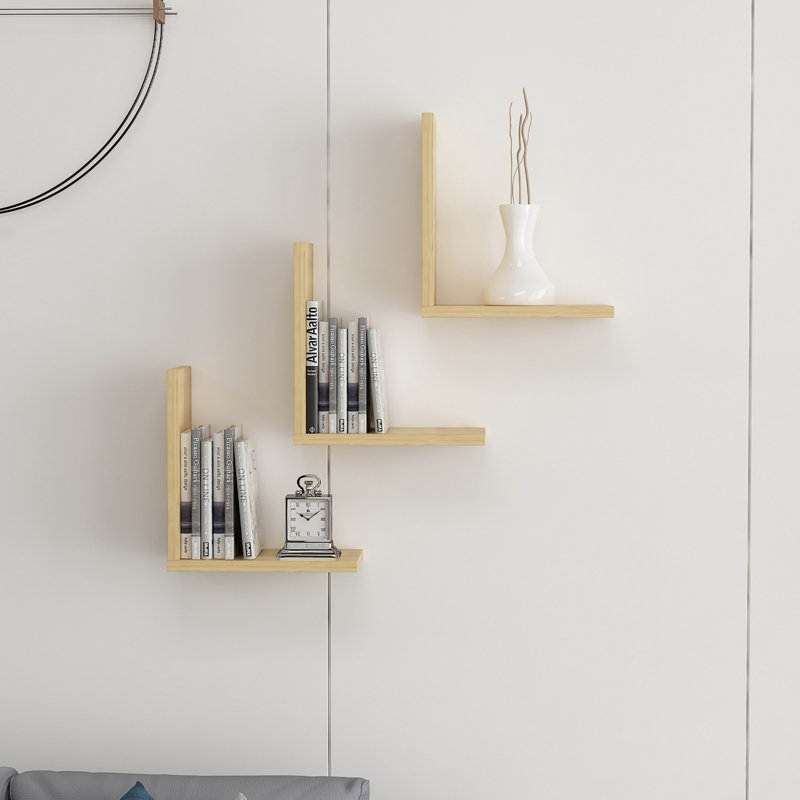 Lindy 3 Piece L-Shaped Floating Shelf with Adjustable Shelves,  Oak, 11" H x 30" W x 16" D