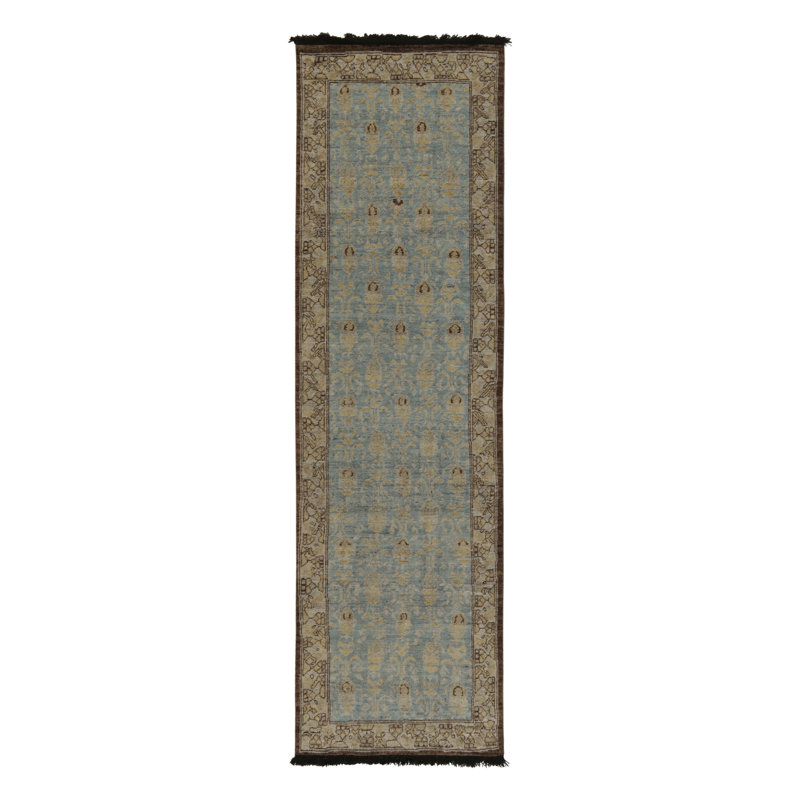 Rug & Kilim’S Tribal Runner In Blue With Beige-Brown Geometric Pattern, Runner 2'6" x 10'