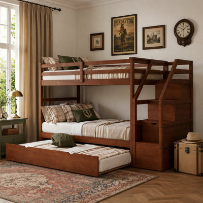 Over Bunk Bed With   Trundle And  Storage Stairs,Walnut