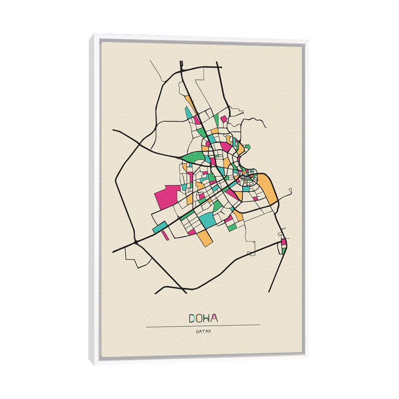 Doha, Qatar Map 1 Piece Floater Frame Wall Art on Canvas, 101.6 cm H x 66.04 cm W, White Floater Frame