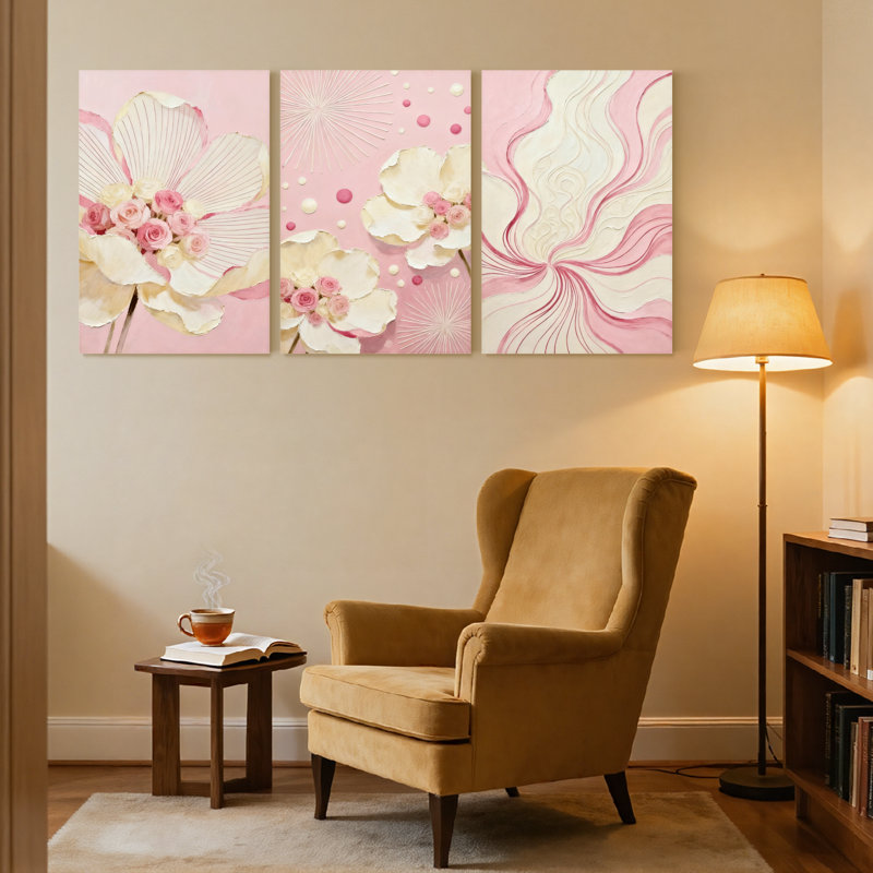 Ensemble de 3 impressions abstraites sur toile abstraites roses, H 18 po x l 36 po