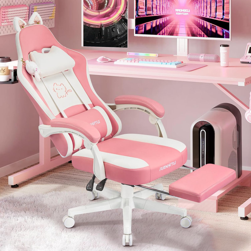 Chaise de jeu mignonne avec oreilles de chat, accessoires de sonnerie et soutien lombaire, chaise d'ordinateur ergonomique pour fille avec repose-pieds et accoudoirs rembourrés