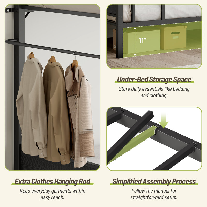 Twin Over Twin Bunk Bed, Heavy Duty Metal Bed With Ladder and Full-length Guardrail, Under-bed Storage Space, No Box Spring Needed, Noise Free