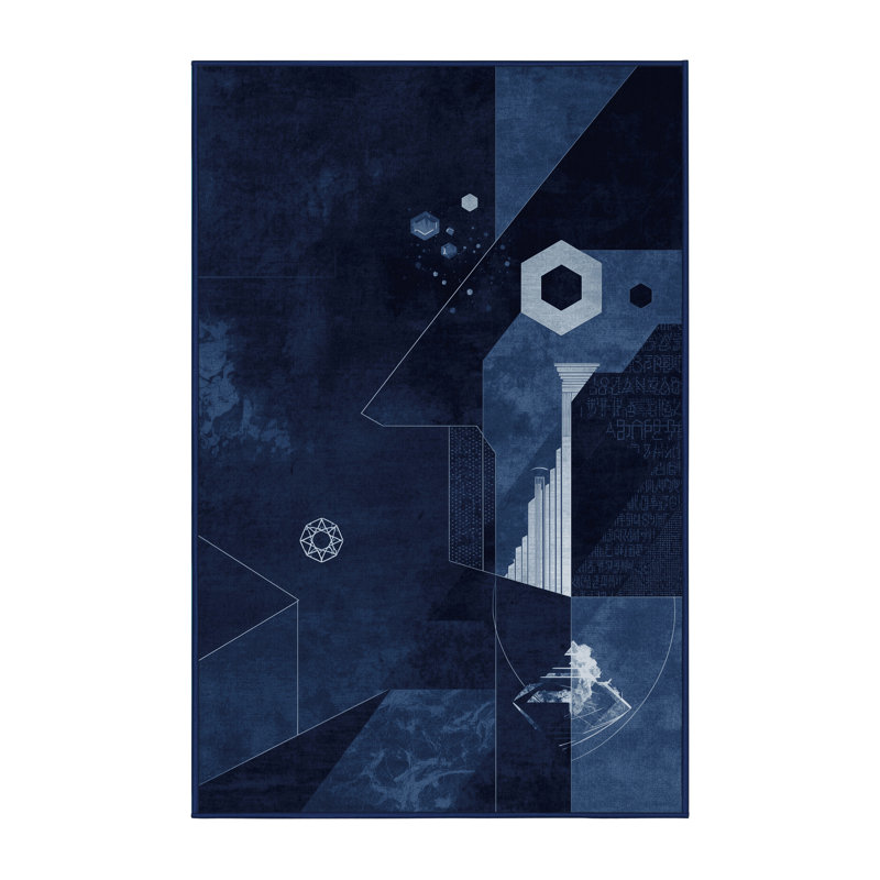 Tapis bleu marine et bleu marine délavé à la machine Alan Alien, 8 x 10