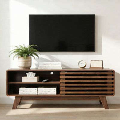 Meuble télé avec rangement, meuble télé avec porte coulissante à lattes, meuble télé de style moderne Mid-Century, console média de ferme (noyer, 46 po)