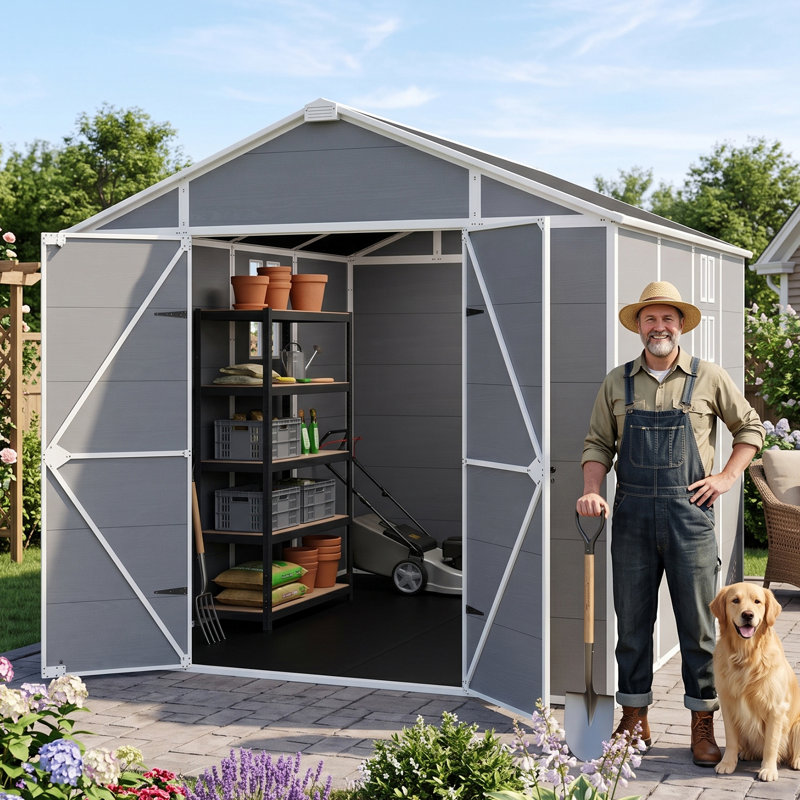 Remise de rangement extérieure en résine de l 8 pi x P 10 pi avec plancher, remise à outils de jardin imperméable en plastique avec toit incliné et double porte