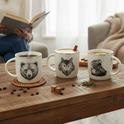 Ensemble de 3 tasses en céramique Marlee assorties ours / aigle / loup