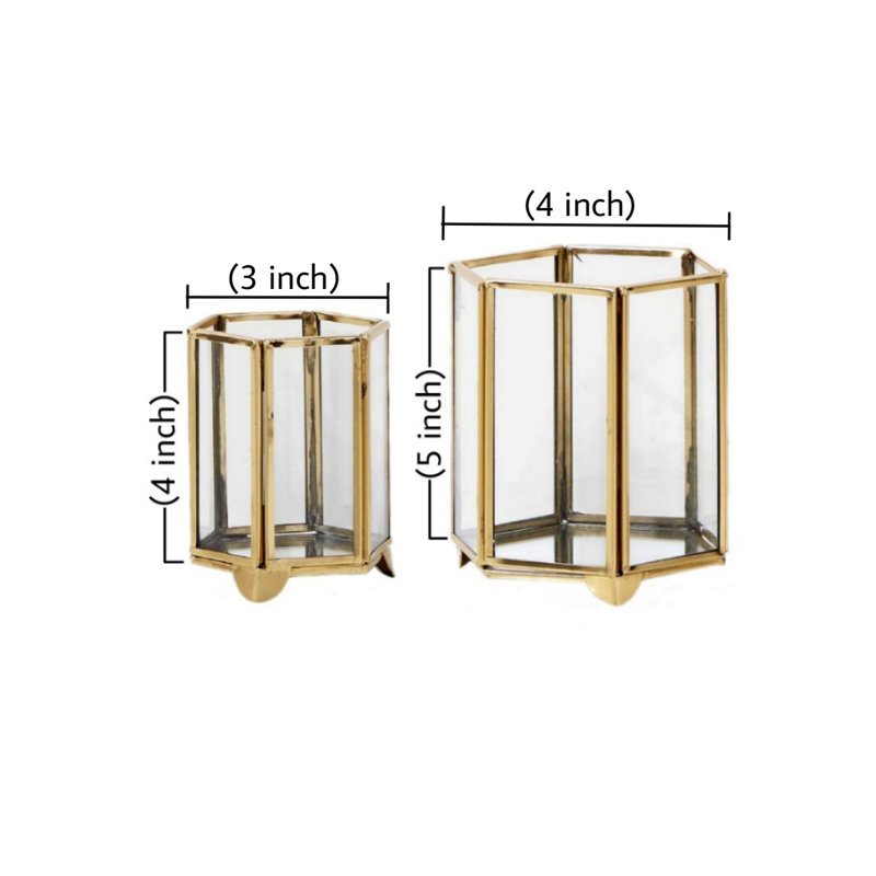 Petite lanterne en verre et métal hexagonale, H 4 po x l 0,3 po x P 3 po