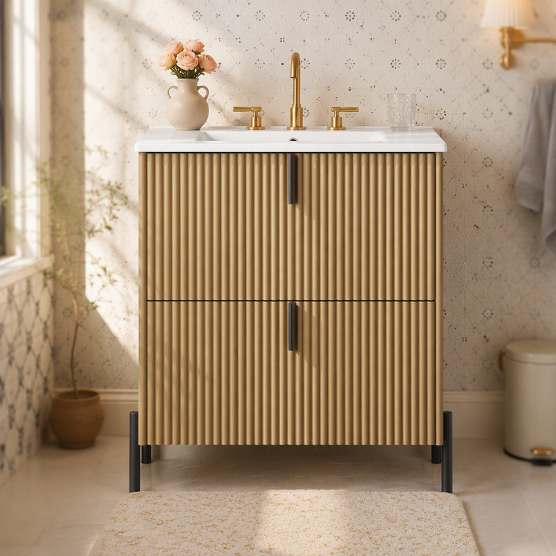 Meuble-lavabo autoportant de 30 po avec lavabo en céramique, avec poignées verticales et tiroirs pleine extension, meuble-lavabo autoportant avec glissières de tiroir à fermeture en douceur