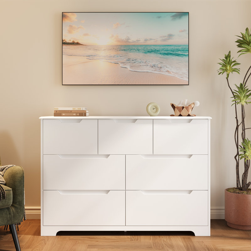 47.2" W 7-Drawer Double Dresser with Handleless Fronts, Partial-Extension Drawer Glides and Anti-Tip Kit, White