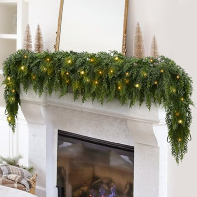 2Pcs 15FT Christmas Garland with LED Lights, Real Touch Cedar Garland Artificial Greenery Garland with 200 Cedar Branches, 8 Lighting Modes for Mantel, Table Runner, Stairs Holiday Winter Décor