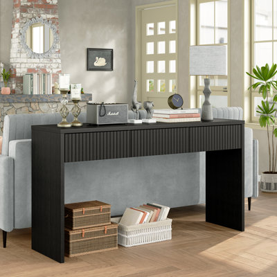 Higham 55"" Wood Console Table with 3 Drawers,behind Couch Table for Entryway,Fluted Design,Black -  Ebern Designs, C3965A5E99EA43A290E1A092ADE0E54A