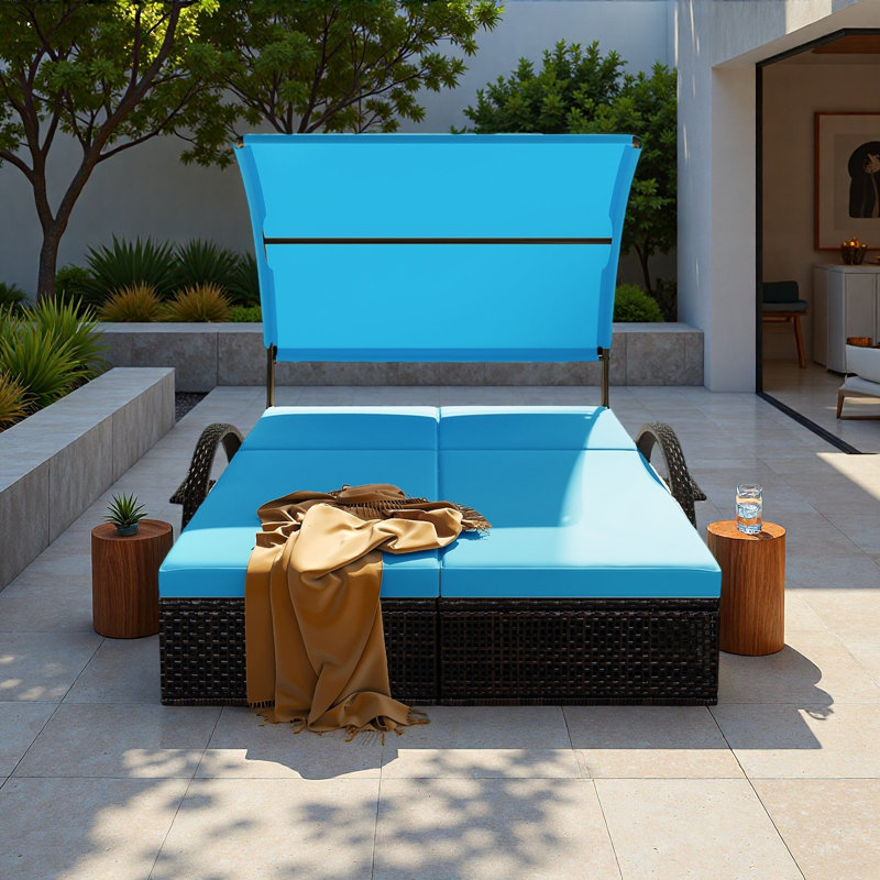 Outdoor Steel Frame Sun Lounger With Curved Sun Canopy, Adjustable Backrest, Hidden Side Table And Arched Armrests, Blue