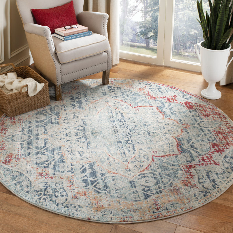 Tapis oriental bleu marine / rouge / gris Doucet 300 pes / coton / PP / latex, Rond 6 pi