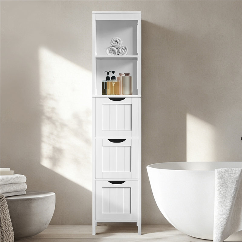 Rangement moderne pour salle de bain autoportant avec 3 tiroirs et 2 tablettes ouvertes, Blanc