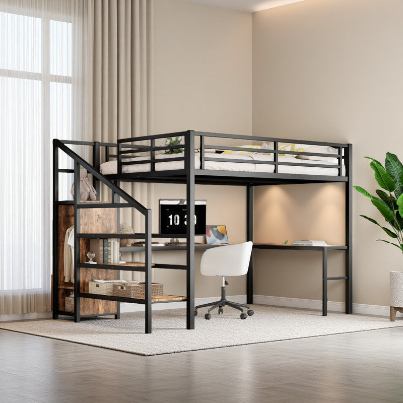 Queen Size Loft Bed with L-shaped Desk and USB, Metal Loft Bed with Wardrobe and Adjustable Shelf, High Loft Bed with LED for Kids Teens Adults, Wood-grain