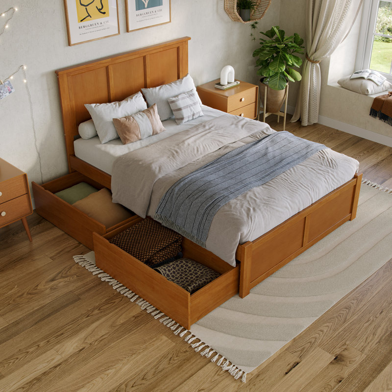 Lit plateforme en bois massif avec pied de lit et tiroirs de rangement Madison, Double