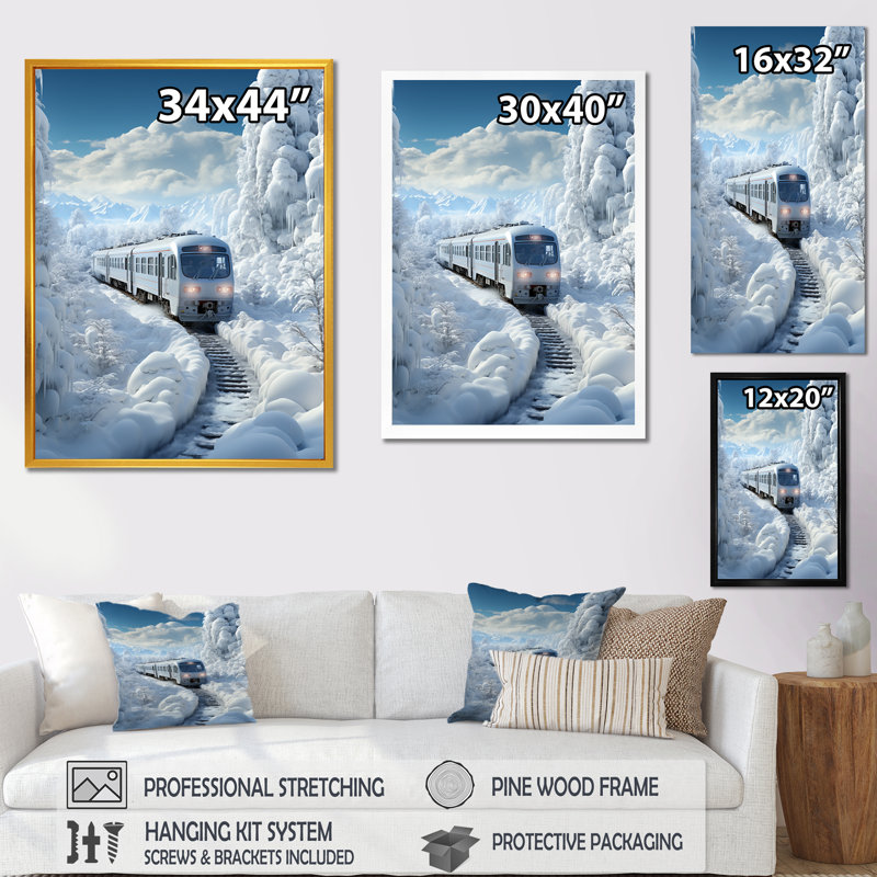 «Christmas Snow Train Journey II - Train», art mural, Cadre doré simple, H 40 po x l 30 po x P 1,5 po