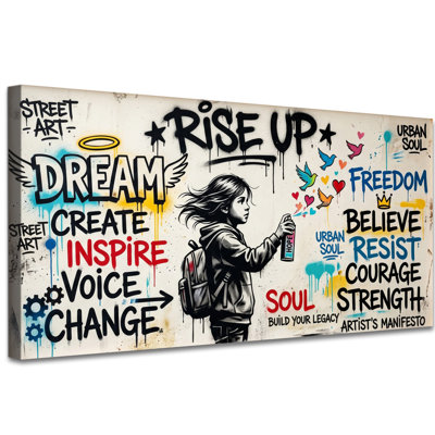 «Rise Up Graffiti», art mural sur toile inspiré de la rue avec peinture à l'aérosol, citation, peinture pour chambre à coucher, bureau pour chambre d'adolescent, toile tendue, 20 po x 40 po