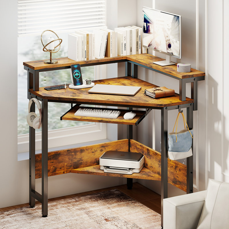 Corner Desk with Power Outlet, LED Triangle Corner Desk with Storage for Small Space, Brown