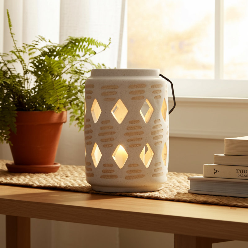 Decorative Ceramic and Stoneware Lantern with Cut-Out Diamond Design - Sleek Modern Hurricane Accent Crafted from Durable Materials for Stylish Ambient Display in Any Setting