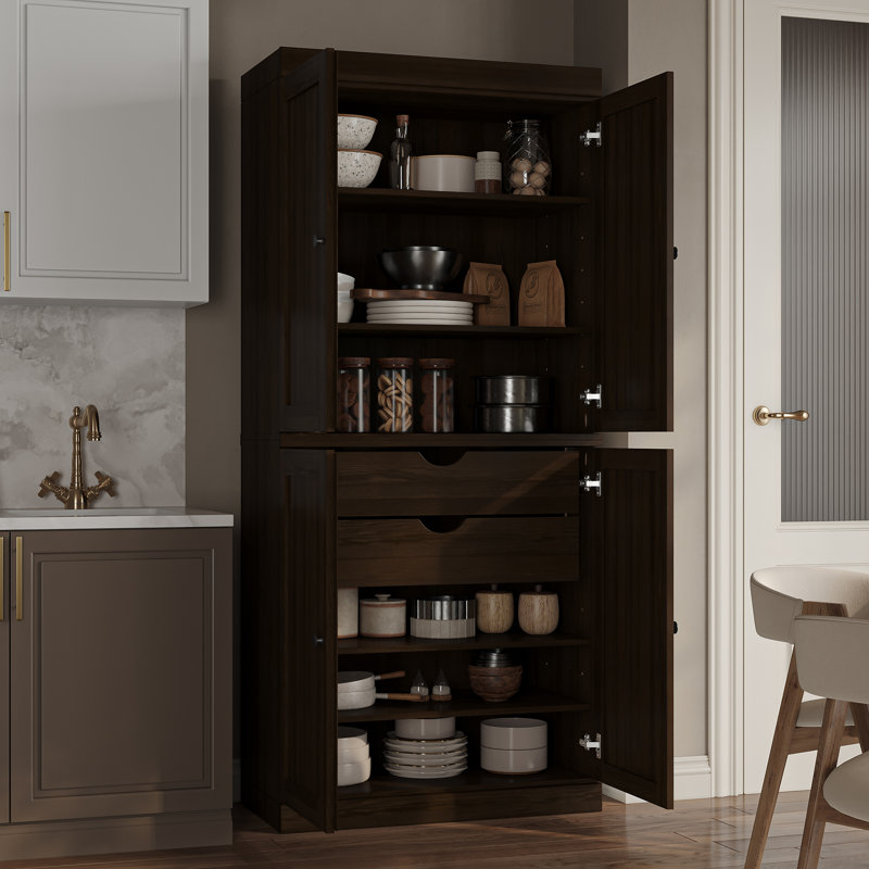 Armoire de cuisine haute 100% en bois massif avec portes et 2 tiroirs, tablettes réglables, armoire de rangement modulaire, l 32 po x H 71,5 po