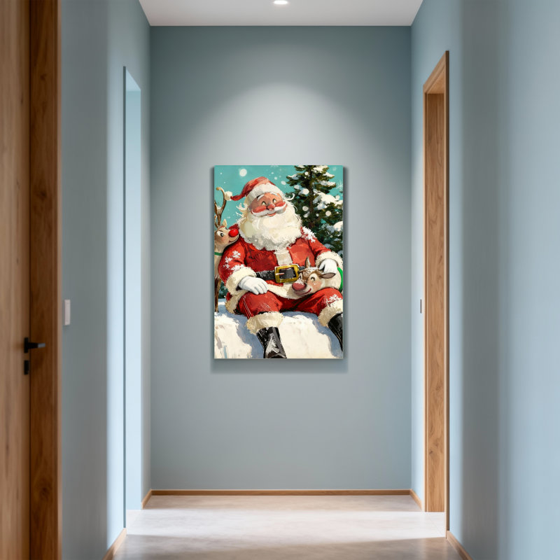 Noël père Noël avec renne dans la forêt enneigée