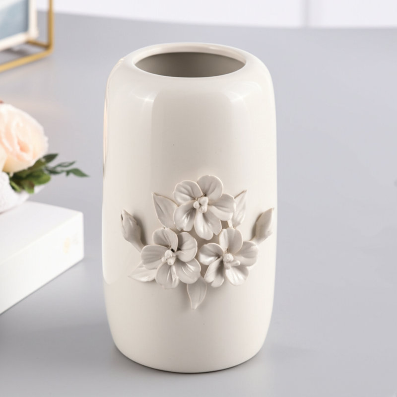 Vase Leonida en grès et céramique à motif floral 3D ivoire brun clair décontracté de 8 pouces pour le salon, la chambre et le bureau