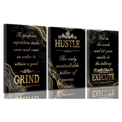 3 Pcs Black Gold Inspirational Office Canvas Wall Art Motivational Grind Hustle Execute Inspiring Quotes Pictures Wall Decor Poster Print Artwork For Man Cave Man Room Home Office Decoration