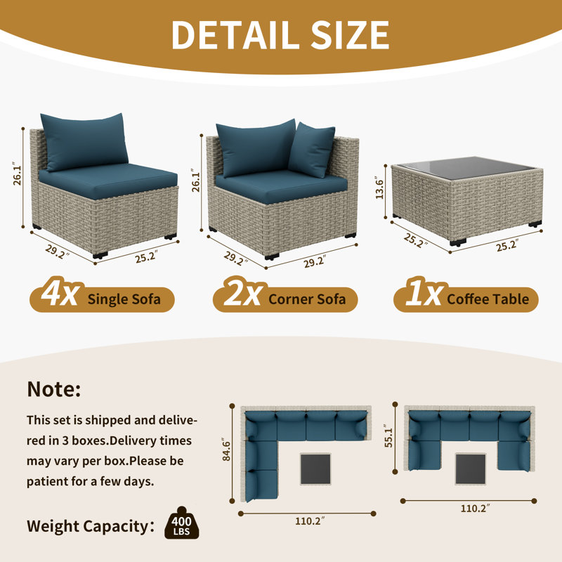 7 Piece Patio Conversation Set with Coffee Table and Cushions, Peacock Blue