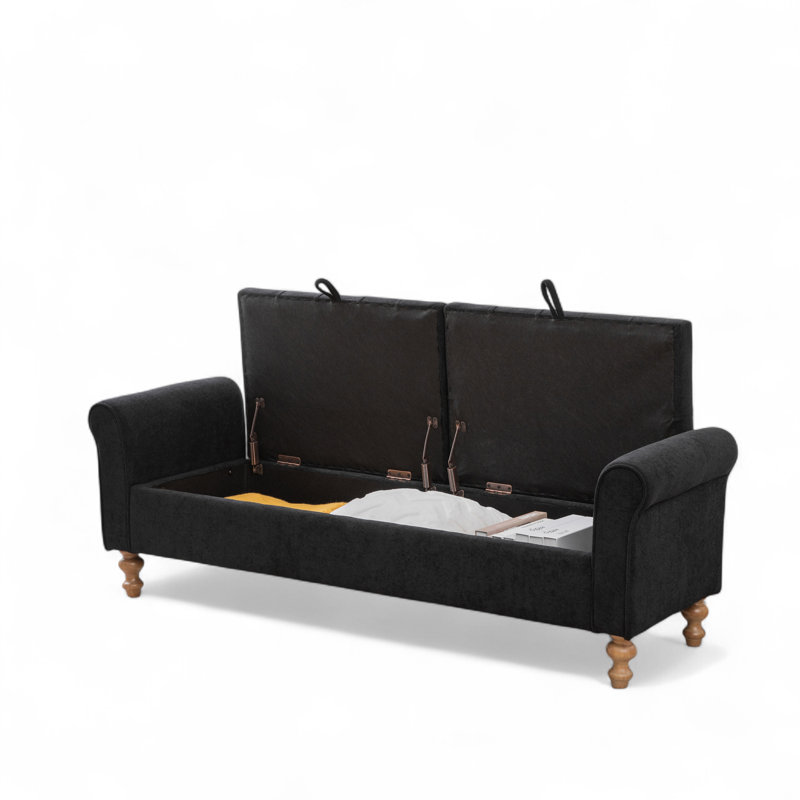65.7" W Upholstered Tufted Storage Bench With Double Lids, Black
