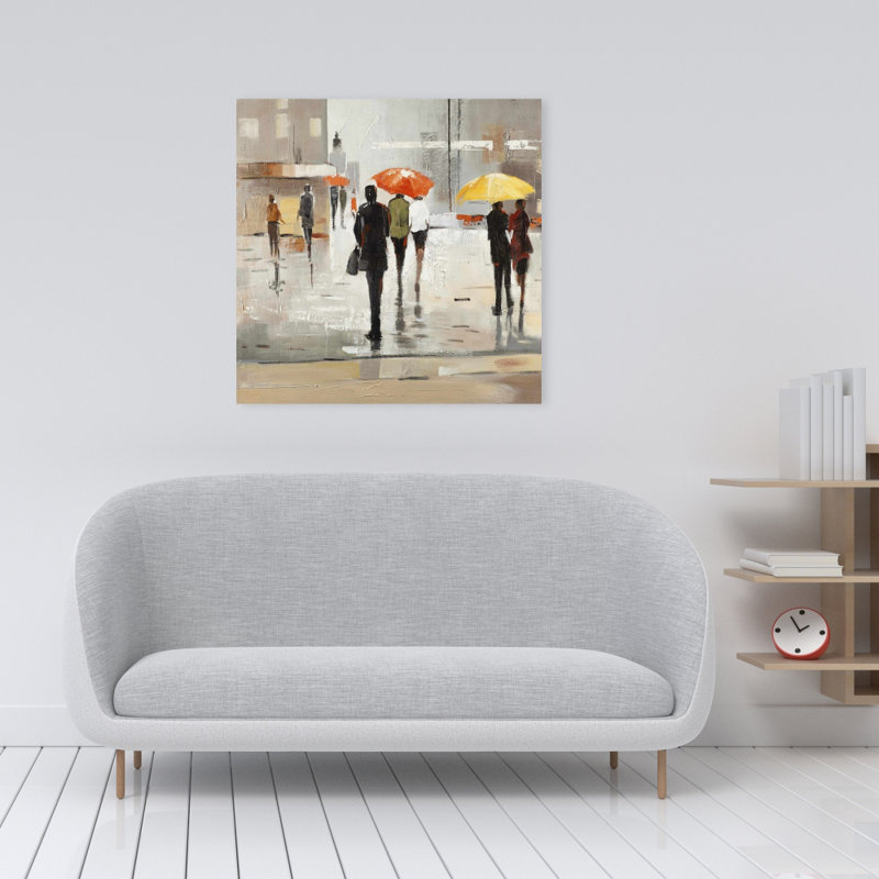 Toile contemporaine brune - Passants abstraits avec parapluies