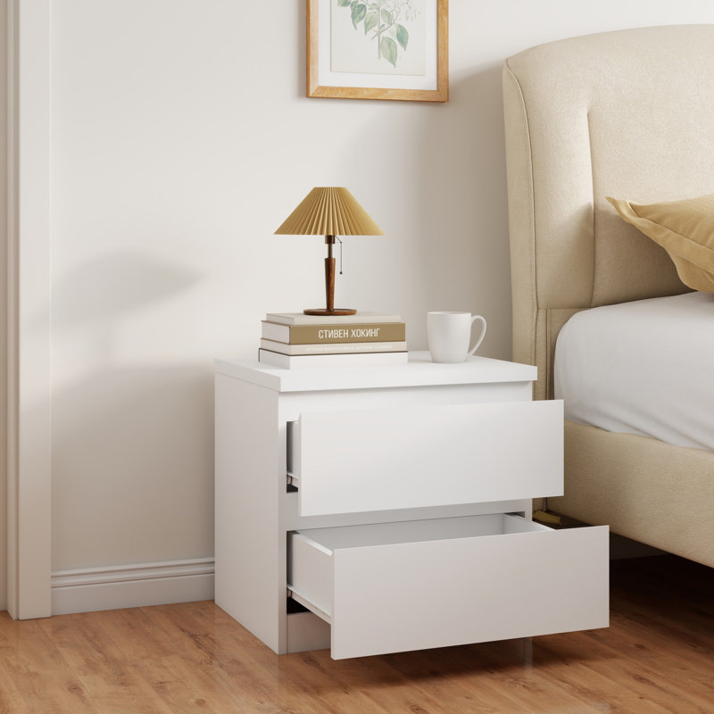 Wooden Nightstand with 2 Drawers, White