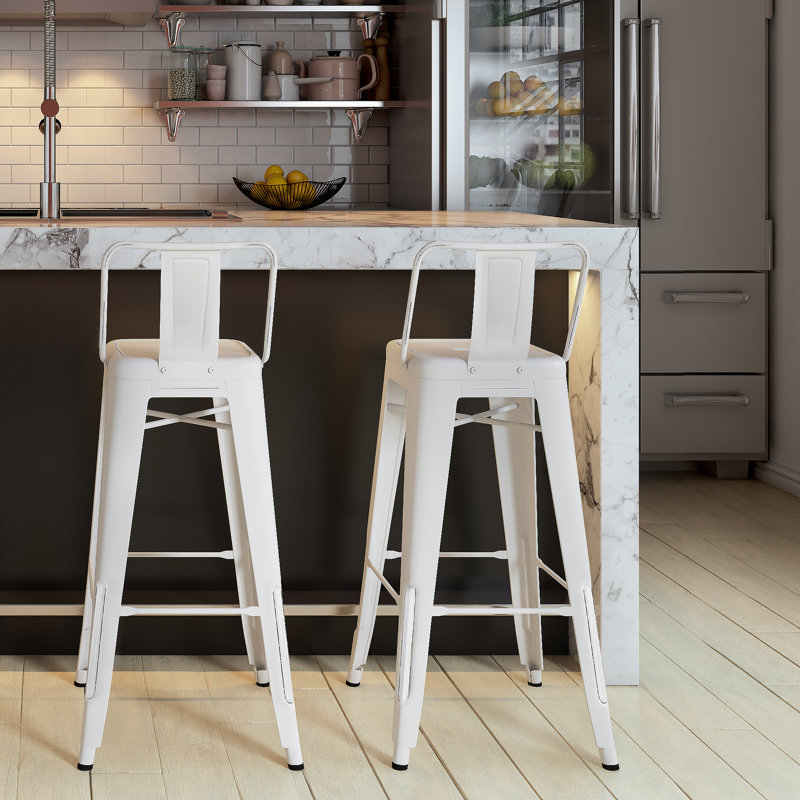Tabouret en métal Rayne, Tabouret de bar (siège d'une hauteur de 30 po), Blanc patiné, 2