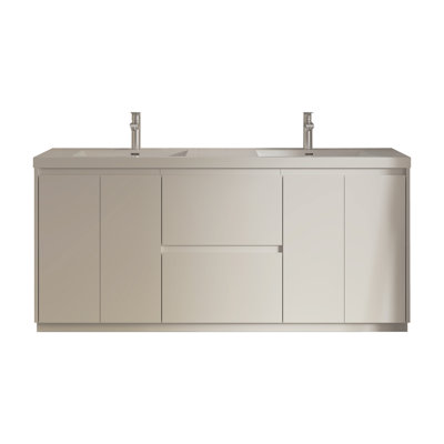 Meuble-lavabo double 72 po avec comptoir en pierre blanc brillant, 2 tiroirs et 4 portes