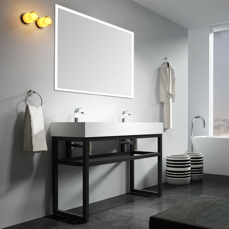 Dowell 48'' White Solid Surface Stone Rectangular Wall Mount Double Bathroom Sink with Metal Stand, Sink With Pedestal