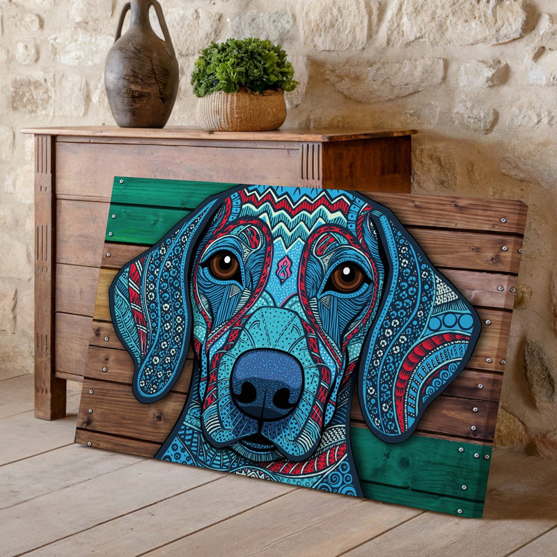Toile, «A Vibrant Stylized Portrait of a Dog Caractérized By An Wall Art», patchwork complexe de motifs et de textures colorés