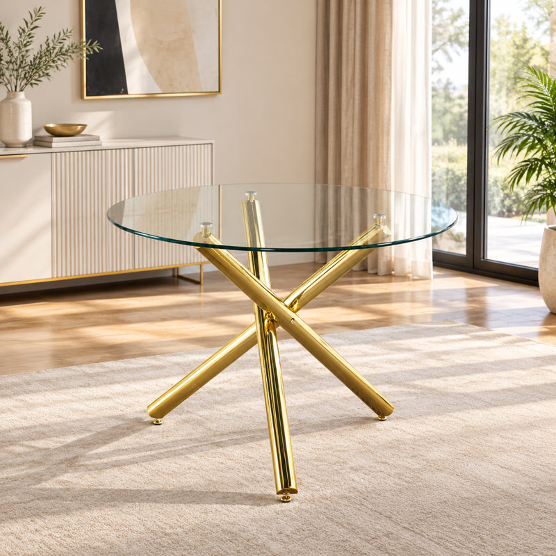 Table de salle à manger ronde moderne en verre avec base en métal doré
