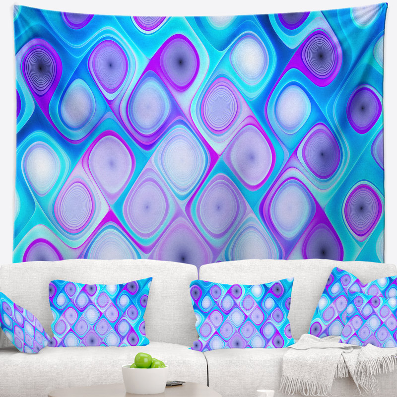 Tapisserie abstraite à motif mauve et bleu avec tourbillons, H 32 po x l 39 po