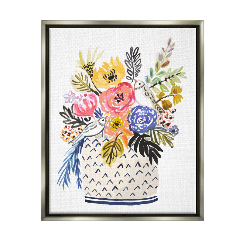 Colorful Floral and Birds Canvas Print with Gray Floater Frame